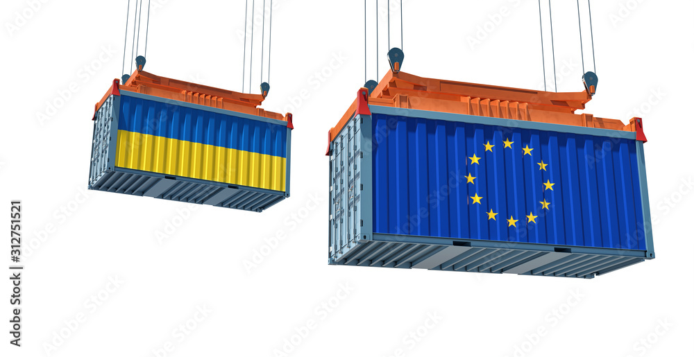 Freight container with Ukraine and European Union flag - isolated on white. 3D Rendering Freight container with Ukraine and European Union flag - isolated on white. 3D Rendering