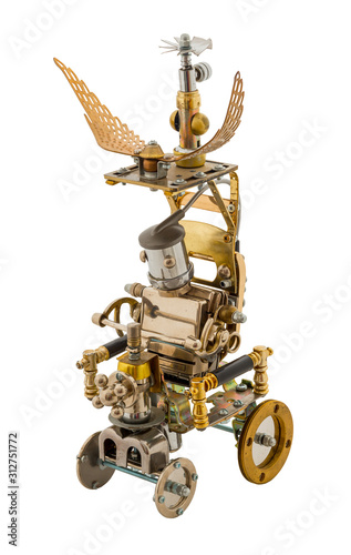 Steampunk robot on vehicle. Chrome and bronze parts. Isolated on white.