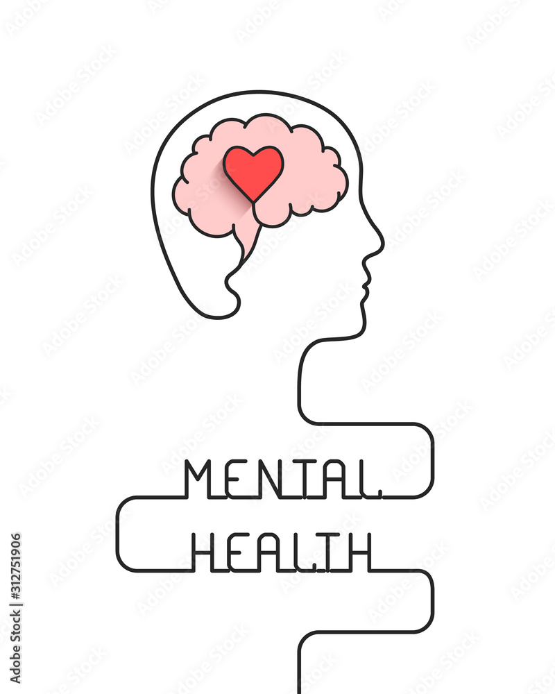 Human head and brain with heart outline as mental health, emotional well being and awareness concept