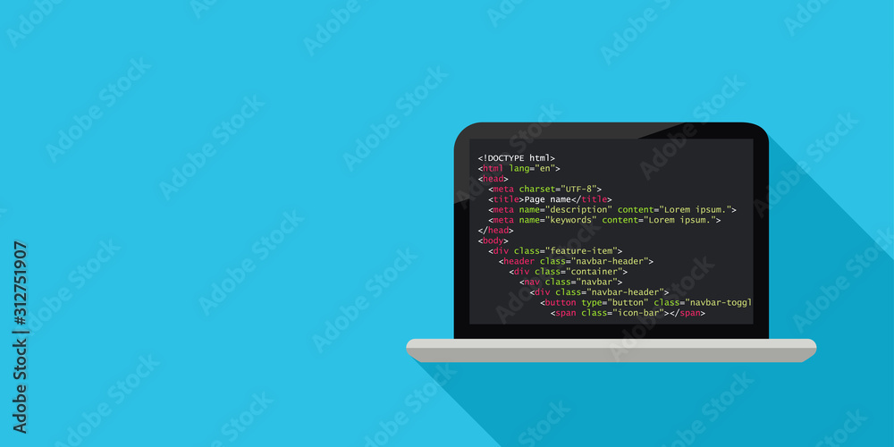 Programming concept with laptop and code. Vector illustration in flat design with copy space. - obrazy, fototapety, plakaty 