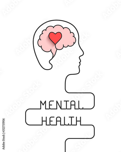 Human head and brain with heart outline as mental health, emotional well being and awareness concept