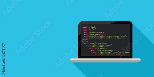 Programming concept with laptop and code. Vector illustration in flat design with copy space.