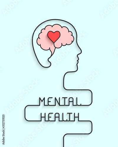 Mental health concept with head, brain and heart silhouette