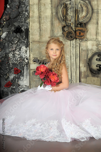 Princess in a white dress. Flowergirl, event.