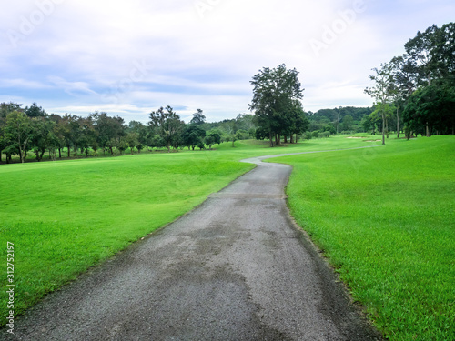 Nature and road. Road path way through green field grass with hill and sky white clouds.