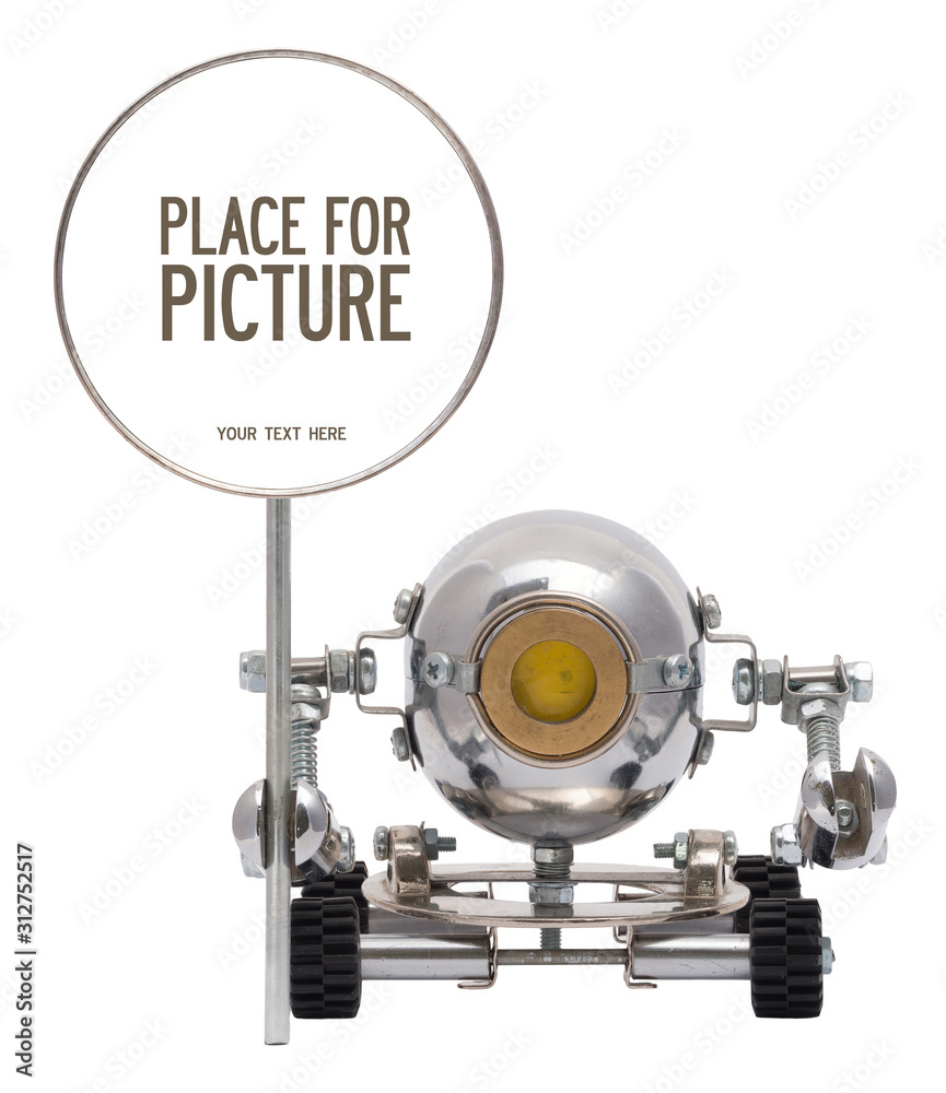 Steampunk robot holding metal sign. Cyberpunk style. Chrome and bronze parts. Steampunk robot holding metal sign. Cyberpunk style. Chrome and bronze parts.