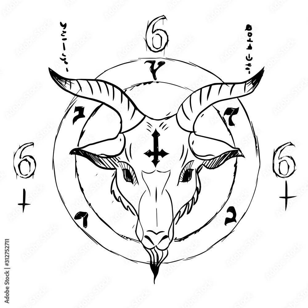 Vecteur Stock Satanic goat head in occultism circle symbol surrounded