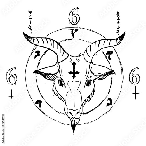 Satanic goat head in occultism circle symbol surrounded by number 666 and Latin inscription. Demon baphomet portrait hand drawn art design illustration isolated on white background