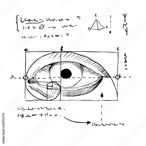 Hand draw image all seeing eye inside layout surrounded by scheme and Latin inscription isolated on white background. Draft pattern with calculations and symbol design vector illustration