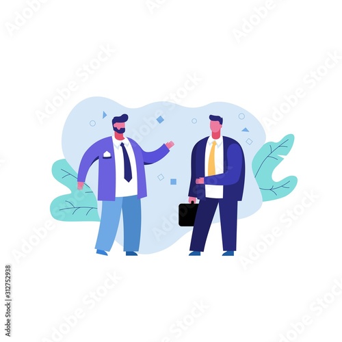 Bearded business male in suit talking with colleague vector graphic flat illustration. Two casual stylish businessman enjoying gesticulation during dialogue isolated on white background