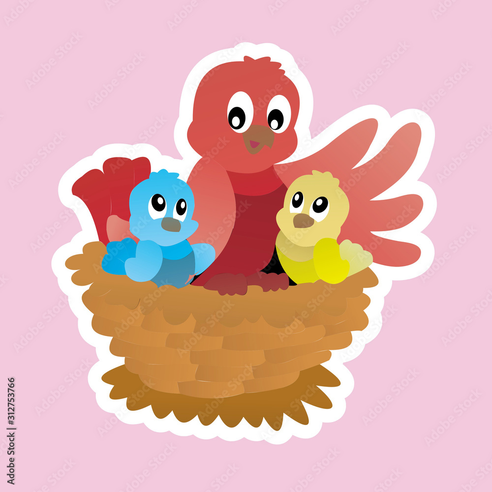 Obraz premium Stickers of Red Bird And 2 Baby Birds Cartoon, Cute Funny Character, Flat Design