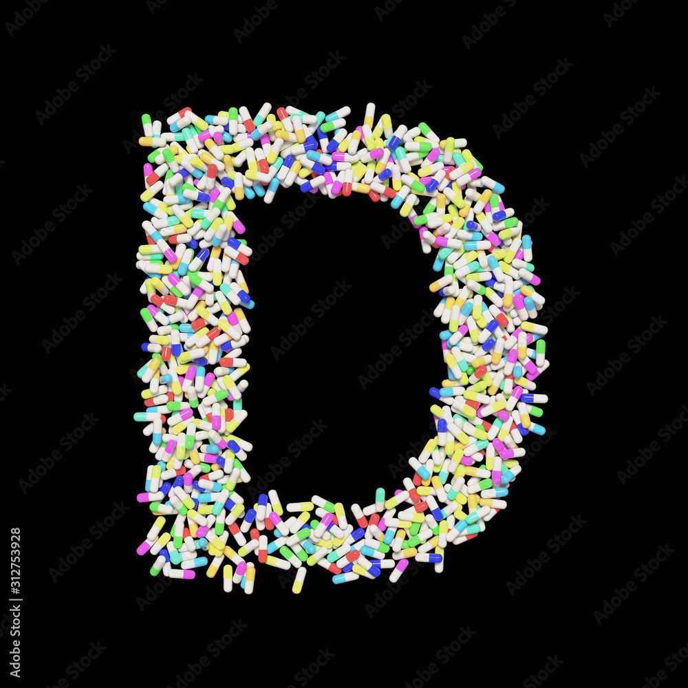 Colorful Capsule Pill Font Letter D 3D Rendered on Black