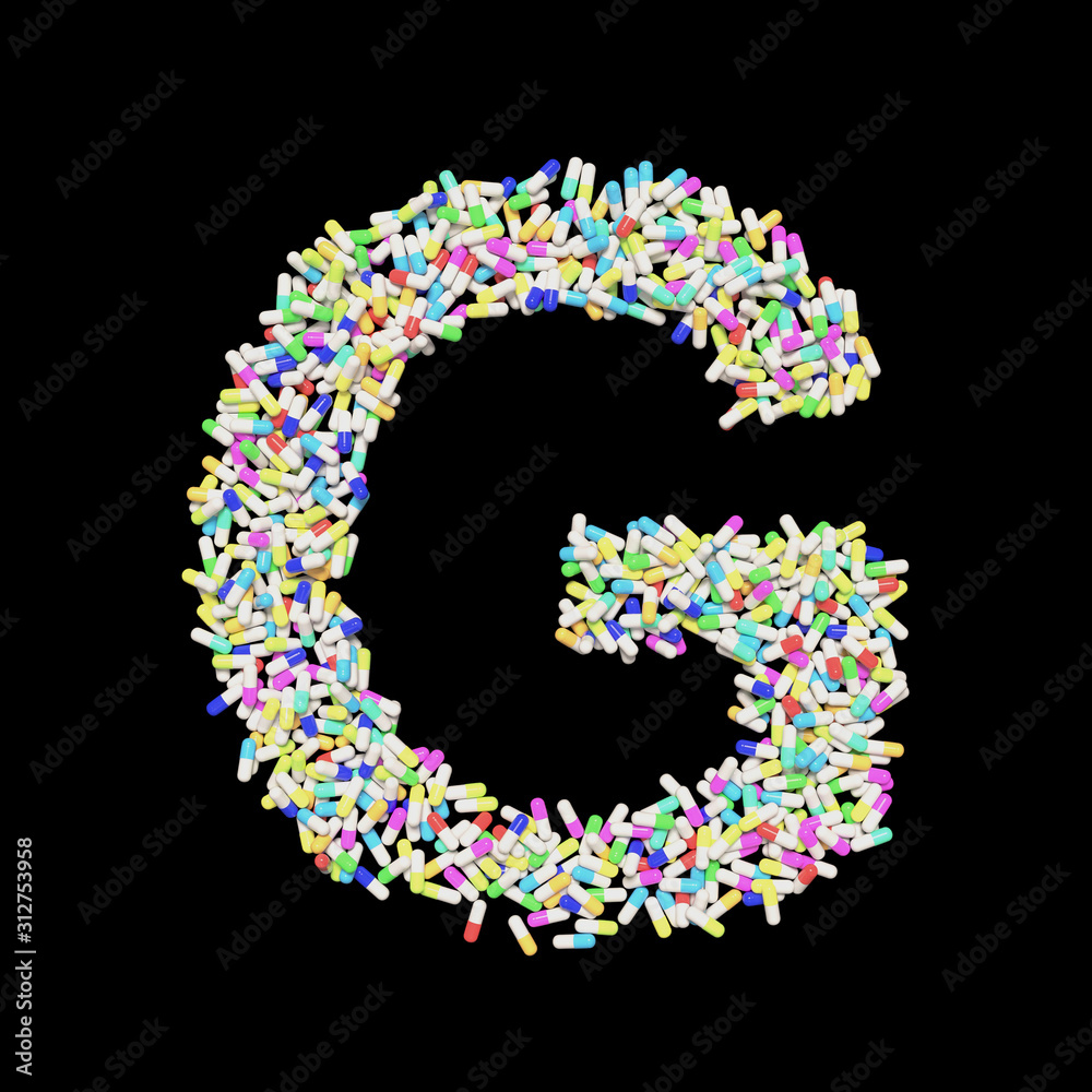 Colorful Capsule Pill Font Letter G 3D Rendered on Black