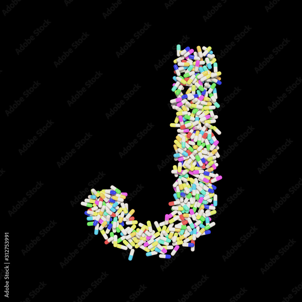 Colorful Capsule Pill Font Letter J 3D Rendered on Black
