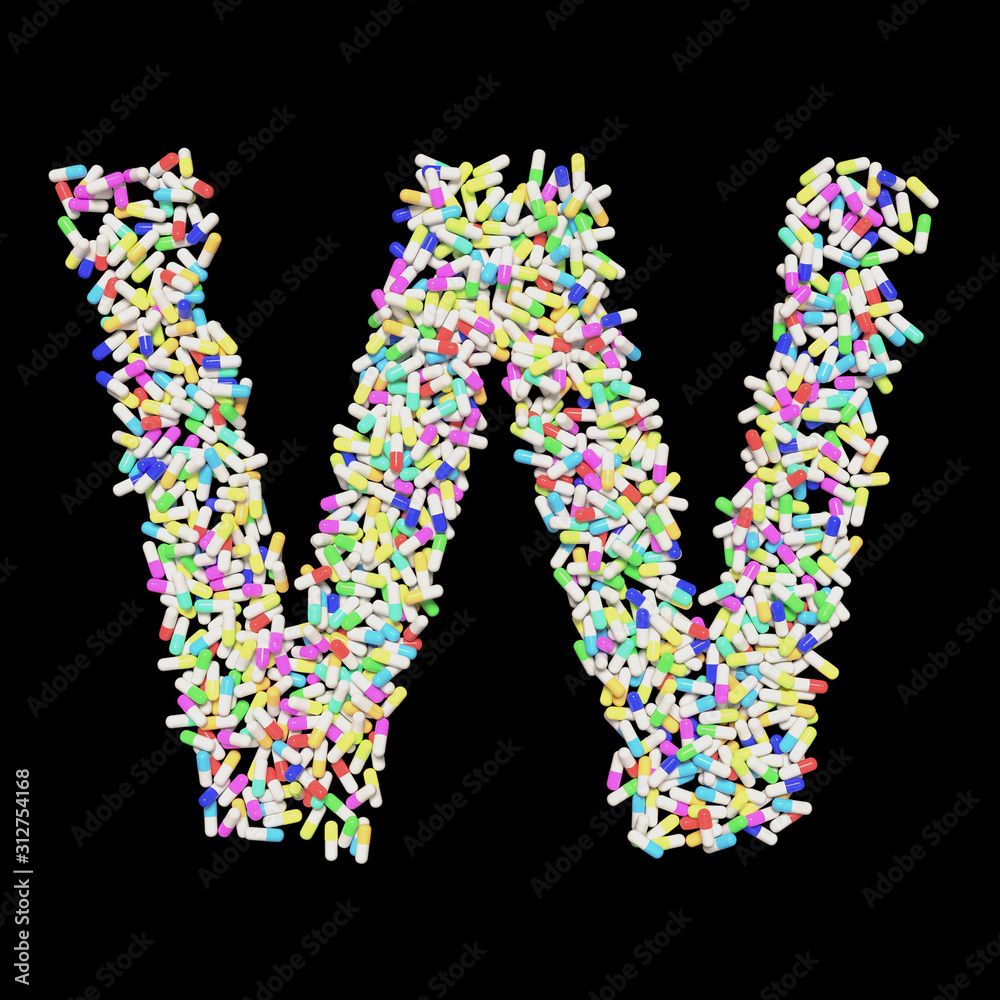 Colorful Capsule Pill Font Letter W 3D Rendered on Black