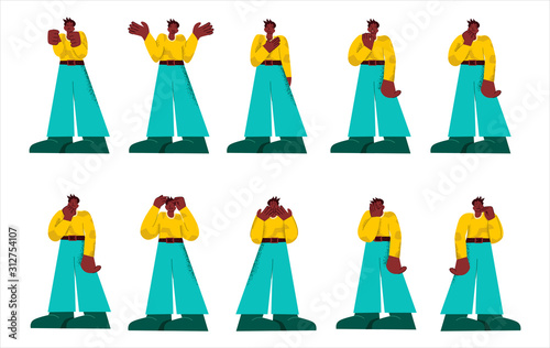 Set of black casual male showing different emotion and poses big limbs style. Man cartoon person emote expression vector flat graphic illustration isolated on white background