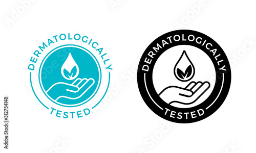 Dermatologically tested vector label with water drop, leaf and hand. Dermatology test and dermatologist clinically proven icon for allergy free and healthy safe product package tag