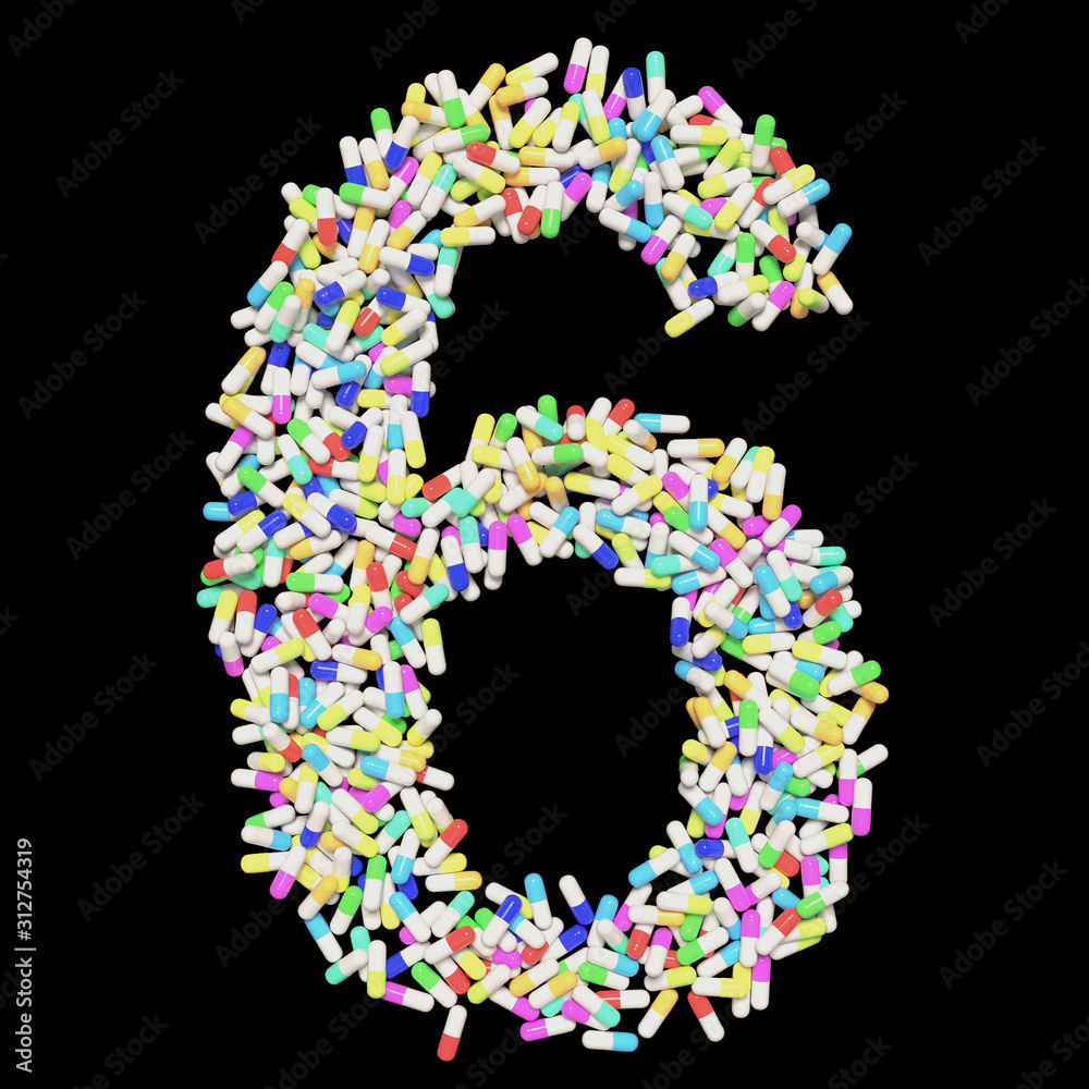 Colorful Capsule Pill Font Number 6 3D Rendered on Black
