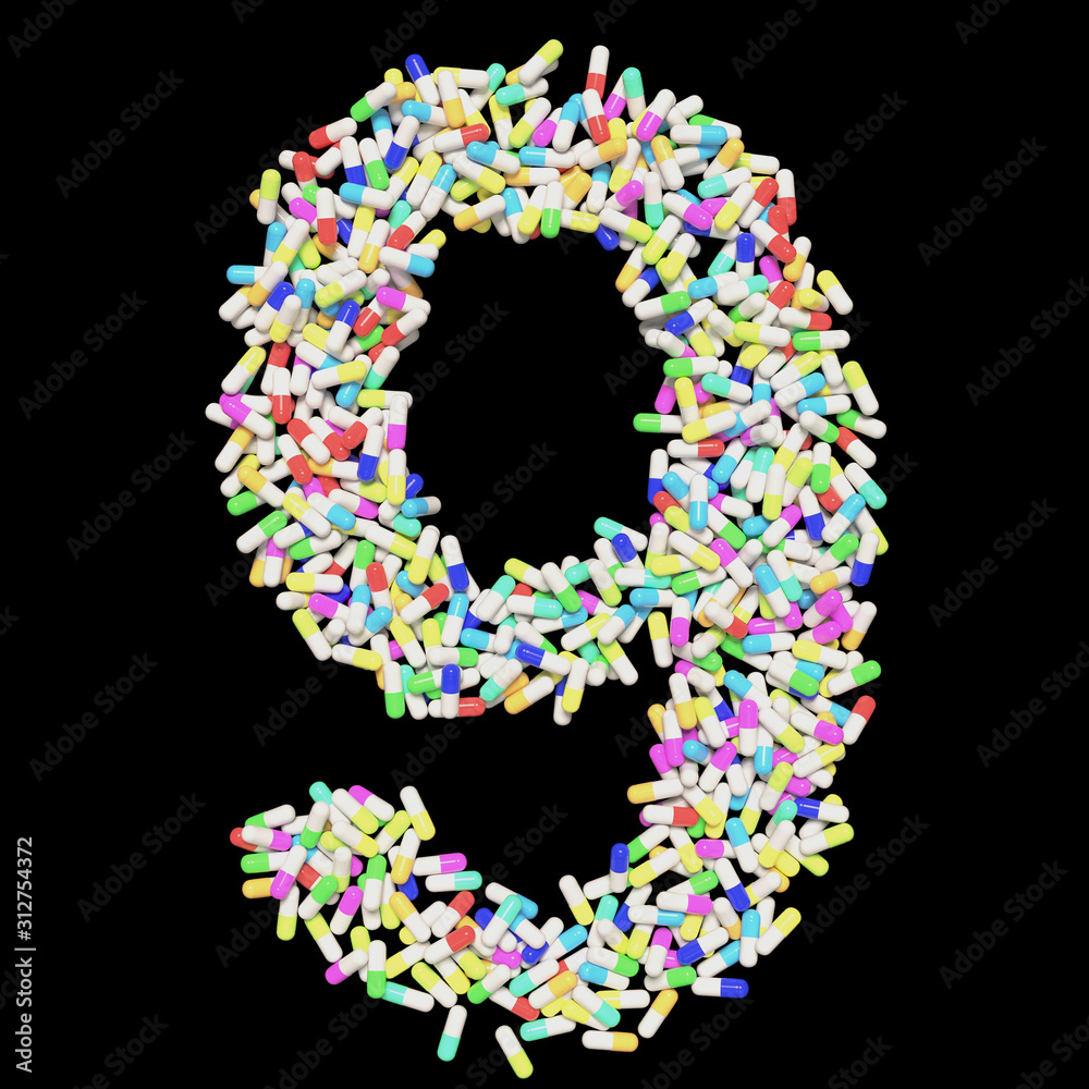 Colorful Capsule Pill Font Number 9 3D Rendered on Black