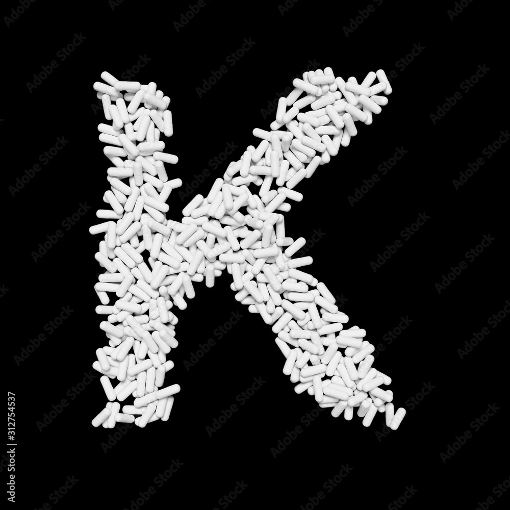 White Capsule Pill Font Letter K 3D Rendered on Black