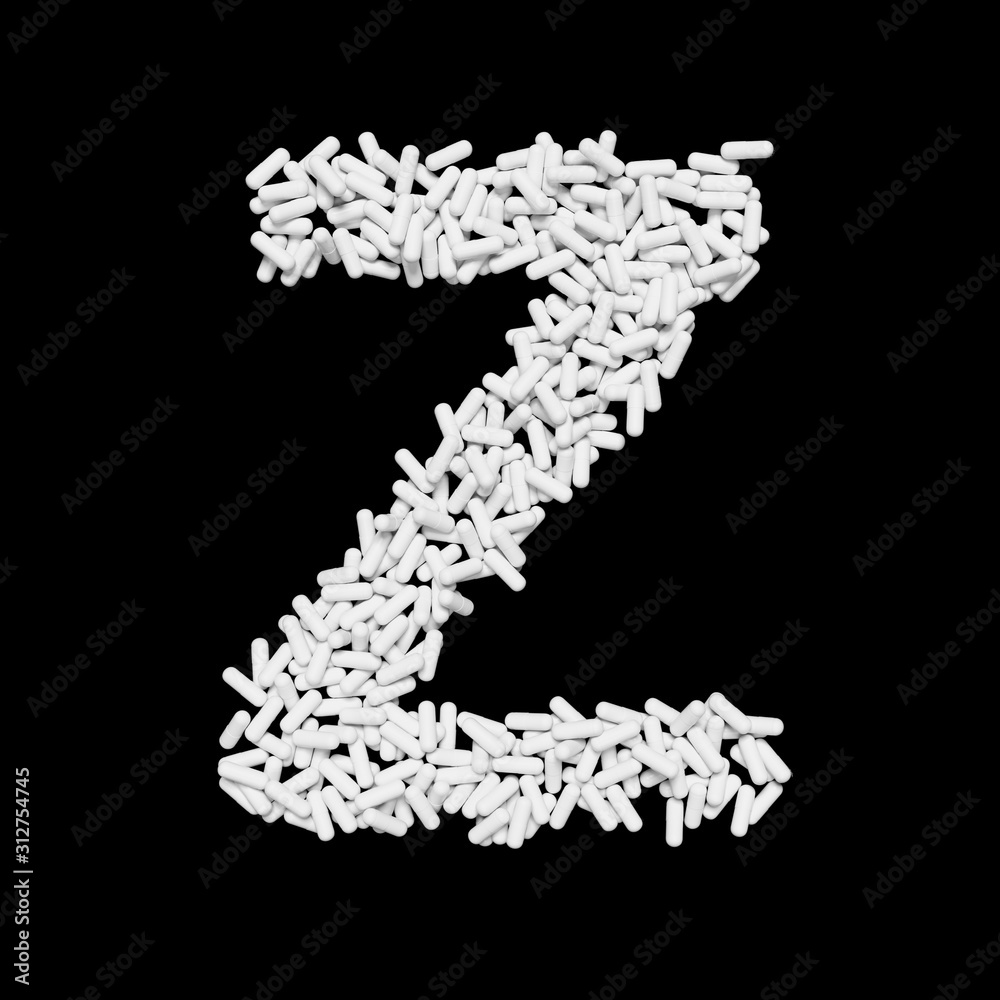 White Capsule Pill Font Letter Z 3D Rendered on Black