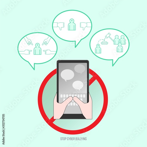 Hand typing smartphone keyboard. Comment posting social media. Stop cyber bullying concept. Vector illustration outline flat design style.