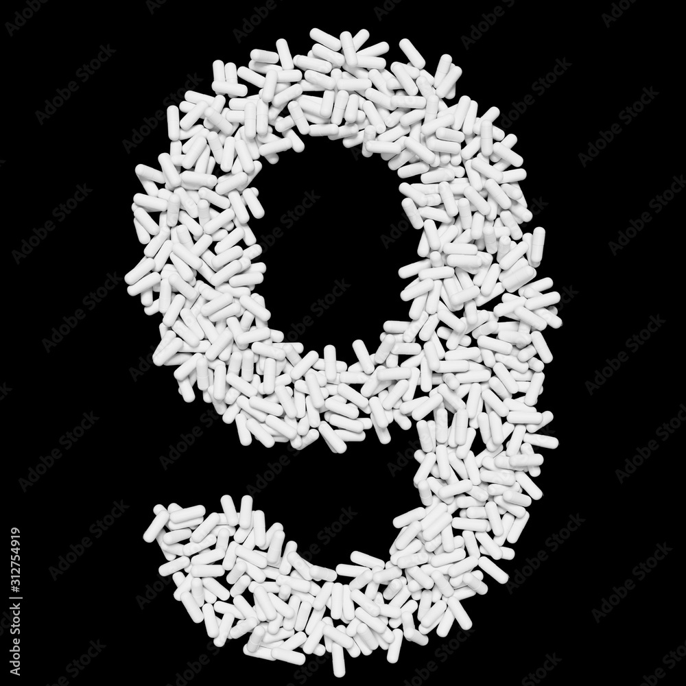 White Capsule Pill Font Number 9 3D Rendered on Black White Capsule Pill Font Number 9 3D Rendered on Black