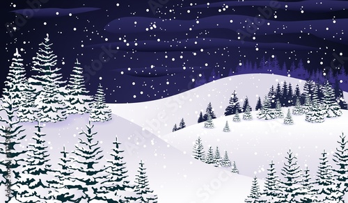 Snowy night winter nature forest with spruce covered by falling snow and snowflakes vector illustration. Coniferous natural wild wood landscape for Christmas and New Year holidays