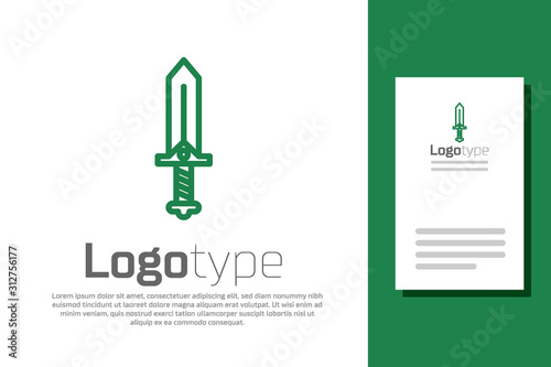Green line Sword for game icon isolated on white background. Logo design template element. Vector Illustration