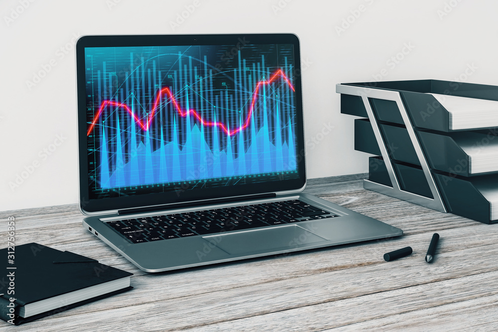 Laptop closeup with forex graph on computer screen. Financial trading and education concept. 3d rendering. Laptop closeup with forex graph on computer screen. Financial trading and education concept. 3d rendering.