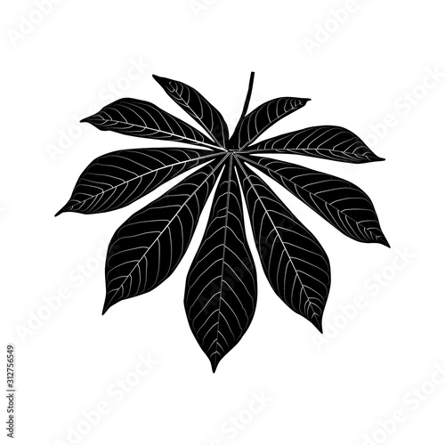 Black leaf icon isolated on white background. Black tropical leaf silhouette. Exotical jungle leaf. Silhouette shape casava leaf. Exotic plant leafage symbol. Botany poster design element. Vector.