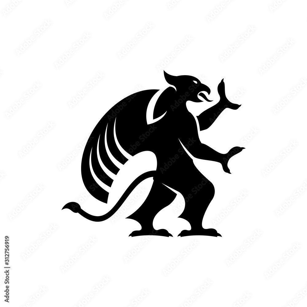 Obraz premium Legendary griffon isolated winged lion. Vector griffin silhouette, mythical creature, wings of eagle