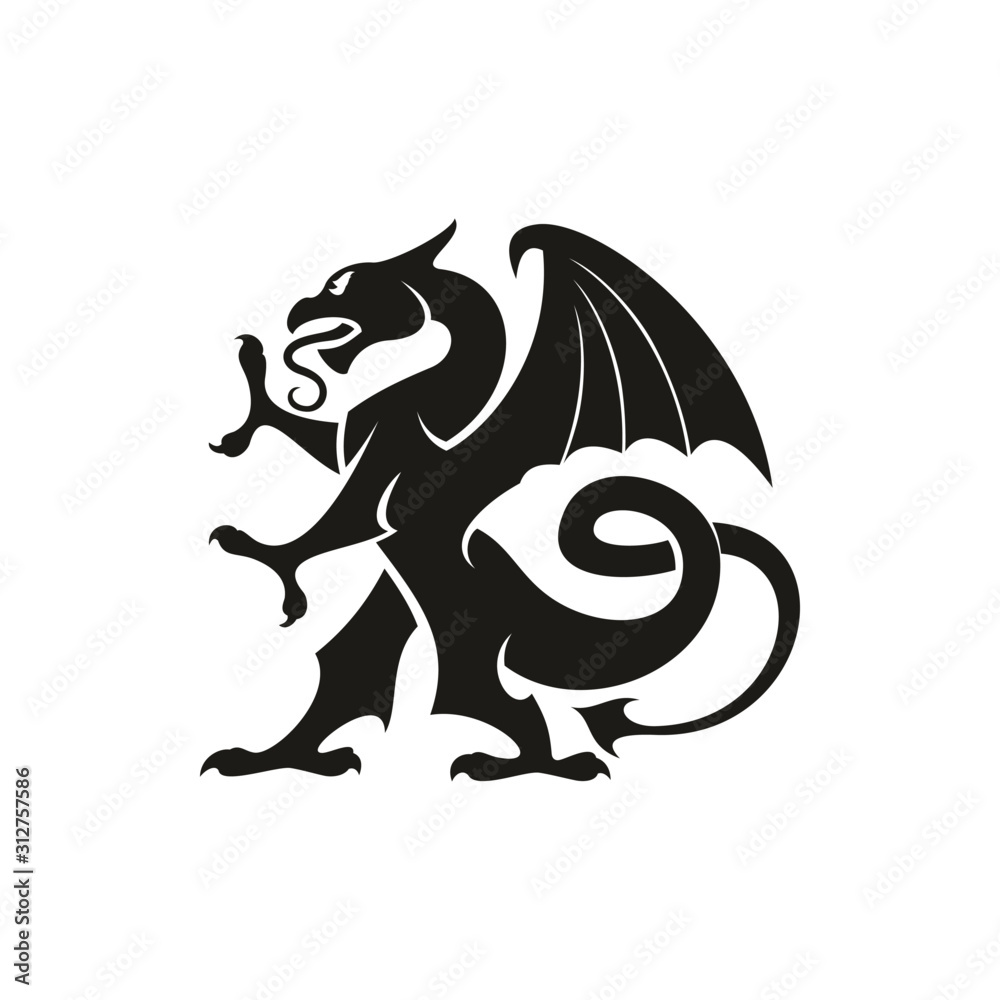 Fototapeta Black dragon isolated heraldic animal silhouette. Vector creature with eagle wings, legs and lion tail