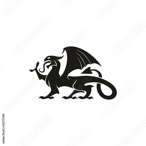 Black dragon isolated heraldic animal silhouette. Vector creature with eagle wings, legs and lion tail