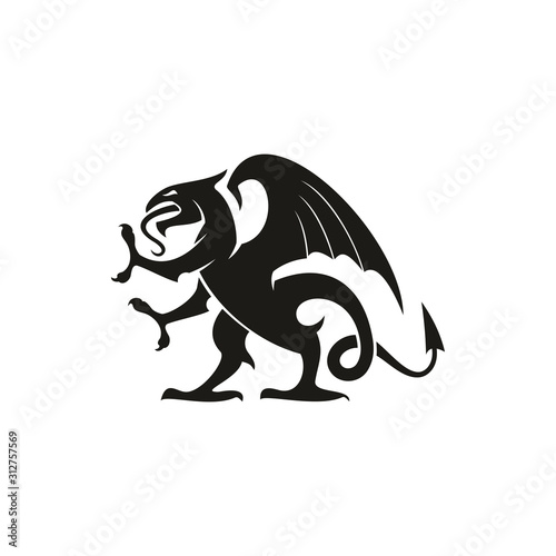 Black dragon isolated heraldic animal silhouette. Vector creature with eagle wings, legs and lion tail