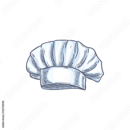 White chef cook hat isolated hand drawn sketch. Vector baker or cooker cap, kitchener headdress