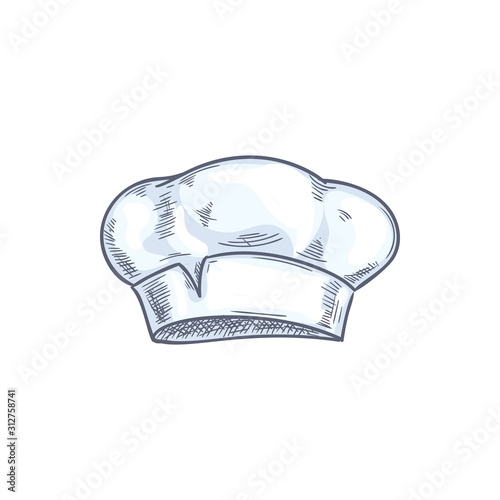 White chef cook hat isolated hand drawn sketch. Vector baker or cooker cap, kitchener headdress
