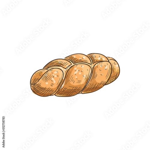 Braided bread with sesame sketch isolated pastry food. Vector bakery product of wheat dough