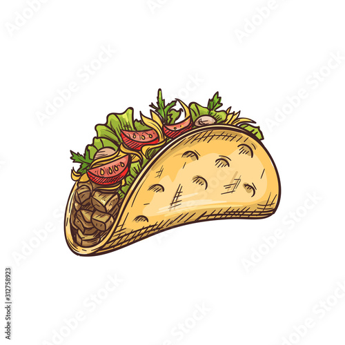 Tacos mexican fastfood snack isolated sketch. Vector fried tortilla with vegetable beans lettuce tomatoes and meat