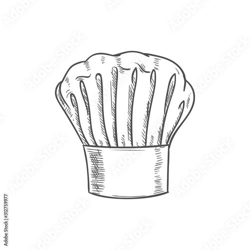 White chef cook hat isolated hand drawn sketch. Vector baker or cooker cap, kitchener headdress