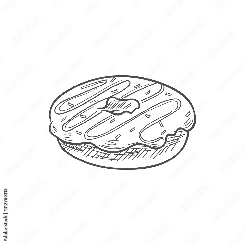 Doughnut confectionery food sketch, donut cookies with topping isolated. Vector glazed bakery snack, Doughnut confectionery food sketch, donut cookies with topping isolated. Vector glazed bakery snack,