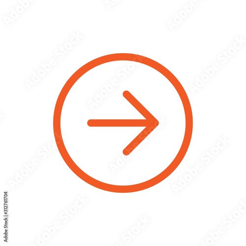 Continue icon in circle. red thin right arrow icon. Isolated on white.