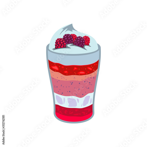 Raspberry dessert isolated layered fruit yogurt mousse. Vector glass cup with panna cotta or smoothie