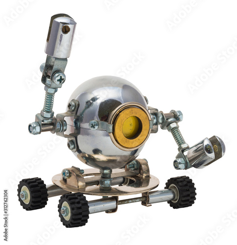 Robot isolated on white. Chrome and steel parts.
