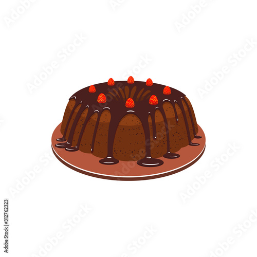 Cake with chocolate topping and strawberries isolated sweet bakery food. Vector cocoa dessert on plate