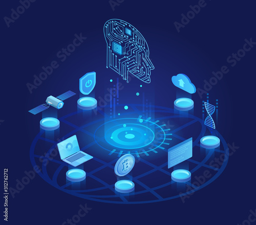 Artificial intelligence dark isometric vector illustration. Digital technology and robotic mind. Computer science. Cyberspace networking. Machine learning. AI cartoon conceptual design element