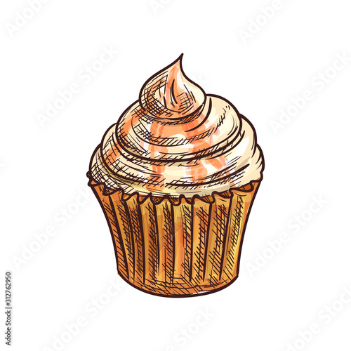 Cupcake with orange jelly topping isolated dessert sketch. Vector muffin and cream swirl