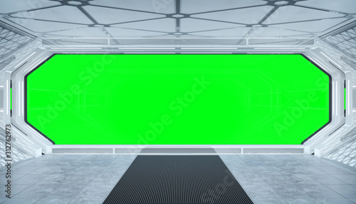 Fototapeta Naklejka Na Ścianę i Meble -  White blue spaceship futuristic interior mockup with window view 3d rendering