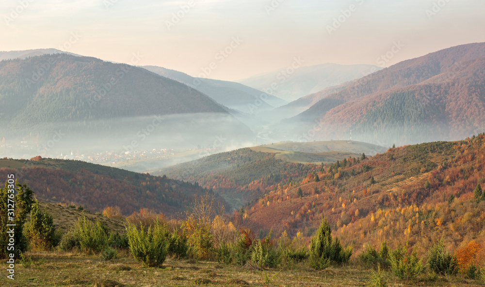 Mountain landscape Synevir National Park, autumn aspect. Autumn in the Carpathians. Тrees in colorful foliage. wonderful autumn landscape of mountainous countryside. Golden autumn in Transcarpathian. 