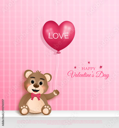 cuteness of cartoon Teddy bear character.and Heart balloons and holding in hand. and the concept of Valentine's Day. and the Origami or paper cut design. and can be used as background.